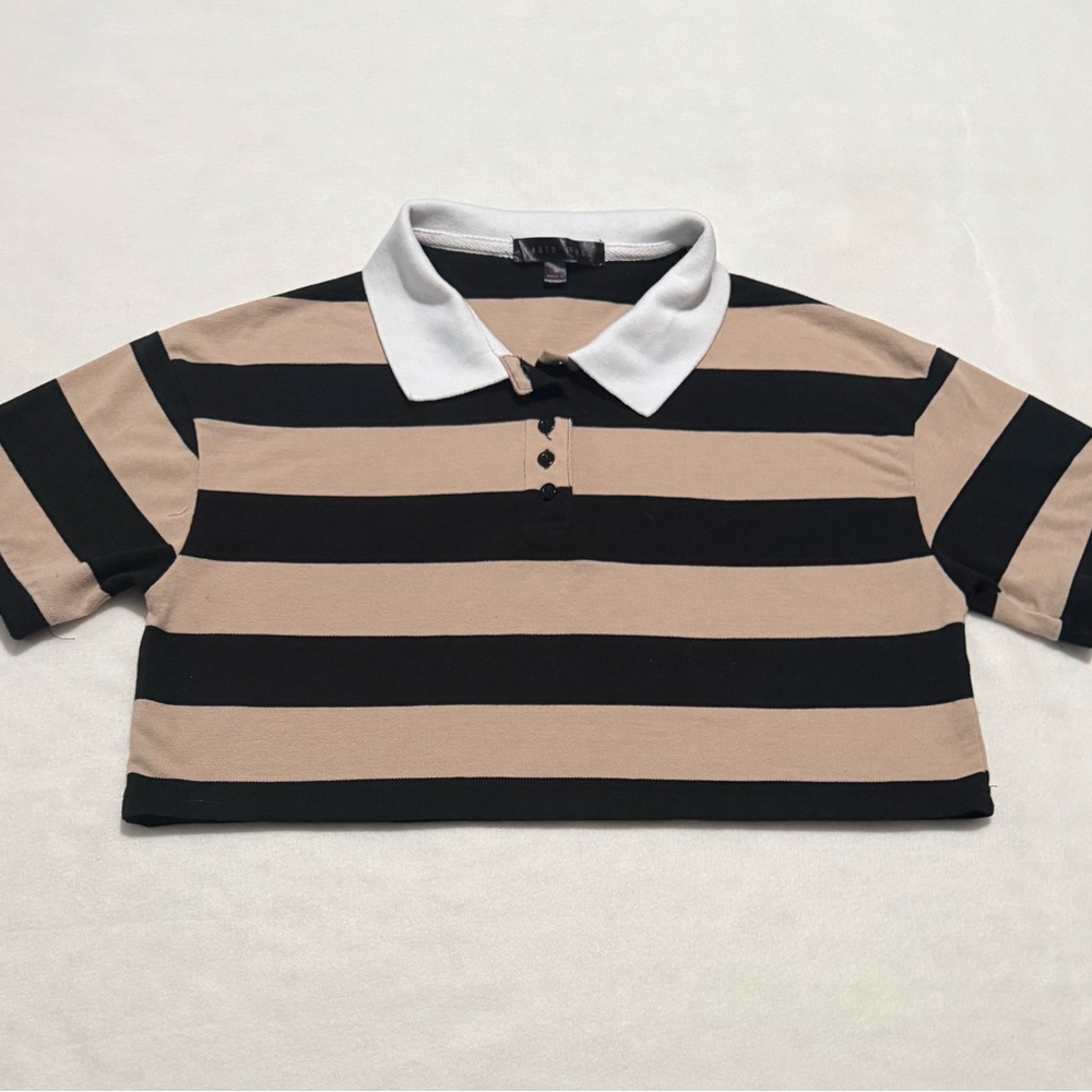 Black and Tan Striped collared crop top polo shirt
